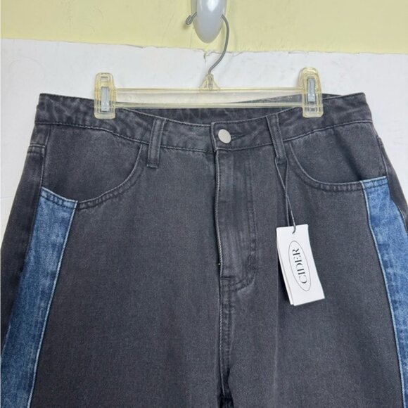Cider NEW Denim Patchy Jeans Wide Leg Slits Stripe Flare Zip Cotton Colorblock M - Picture 8 of 15